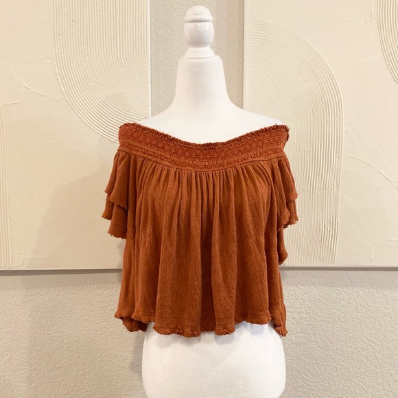 Free People Tops - Free People Off Shoulder Crop Top Raw Edge Flowy  Cognac Brown Size XS